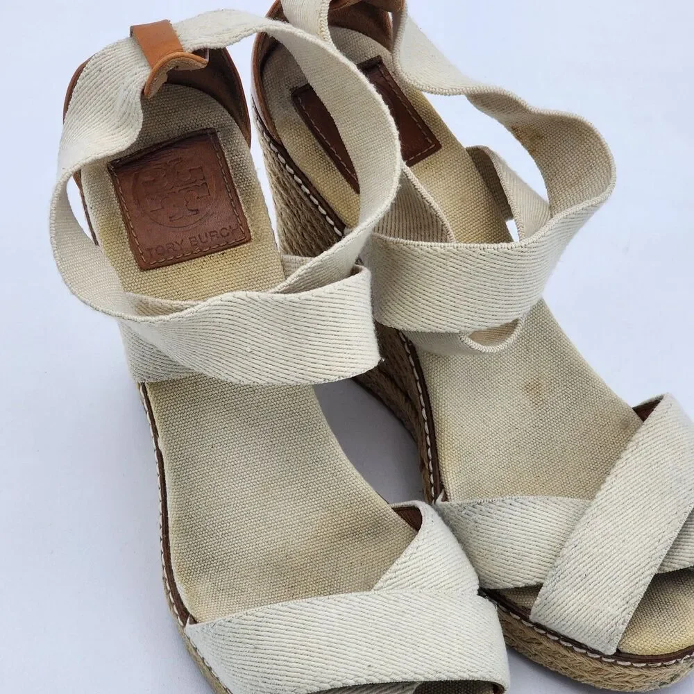 Tory Burch Adonis Espadrille Wedge Platform Heel Sandals Ivory Natural Size 9